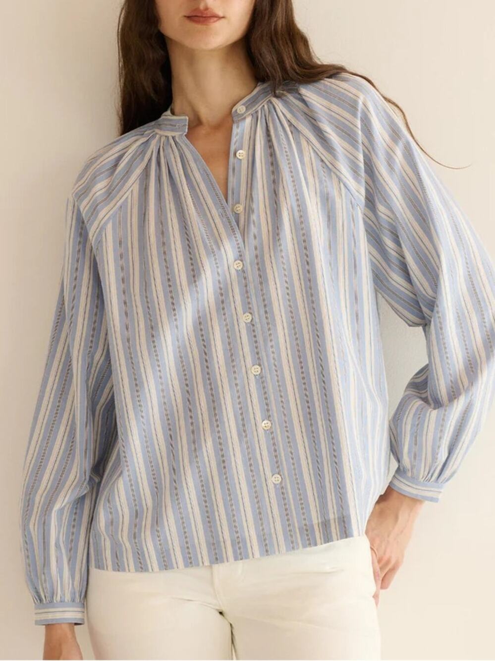 NWT Doen Julienne Cotton Button High Neck Blouse Top Loiret Stripe Blue White